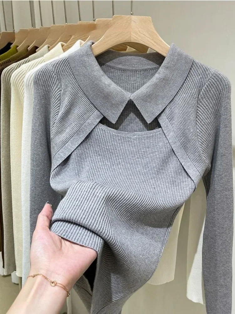 2024 Sweet Knitted Sweater Women Turn Down Collar Hollow Out Pullover Tops Slim Fit Casual Fashion Korean Y2k Basic Knitwear