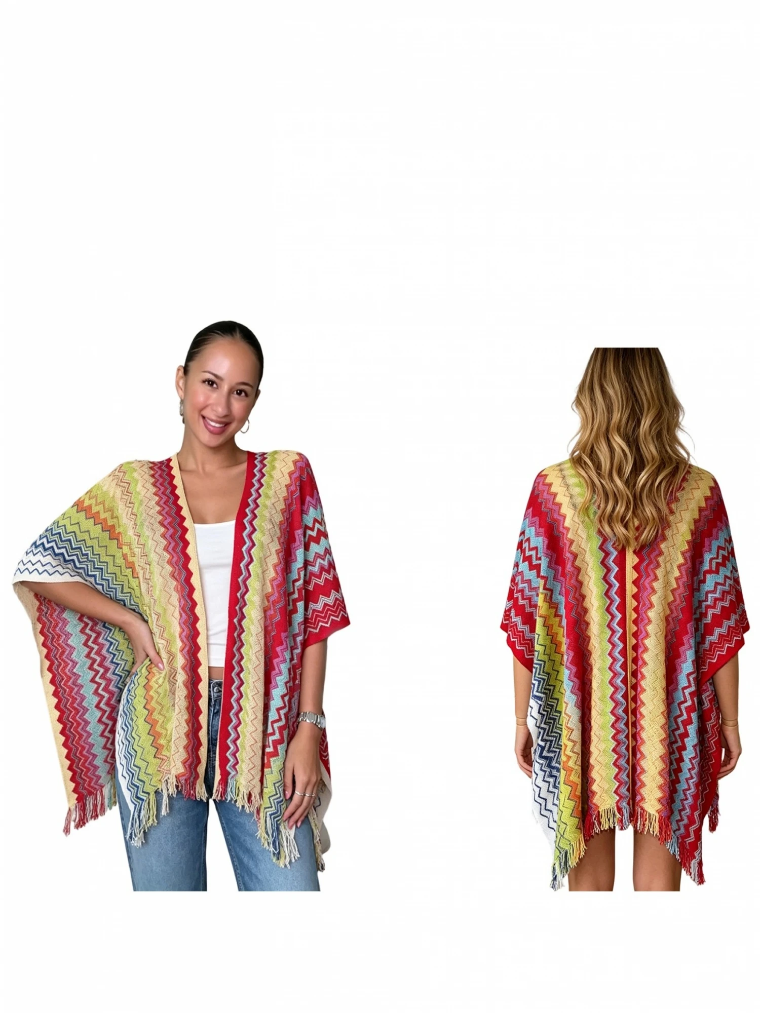 Womens Beach Poncho Cover Ups Tassel Hem Open Front Loose Fit Shawl Wraps view 3