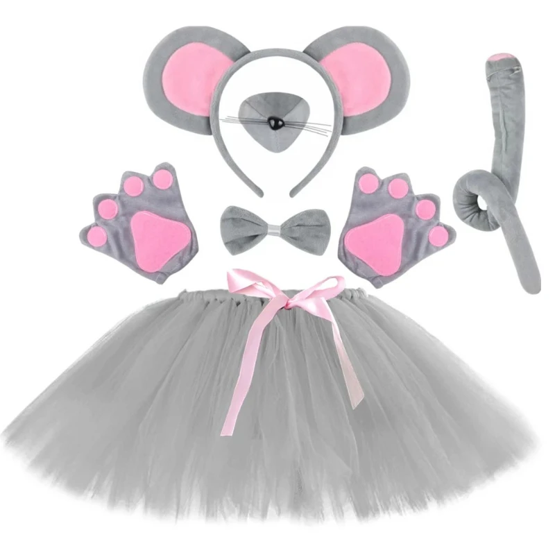 

New Arrivals Kids Toddler Halloween Party Animal Girls Grey Cute Mouse Tulle Tutu Skirt with Ears Tail Bow Tie Nose Tutu Outfits