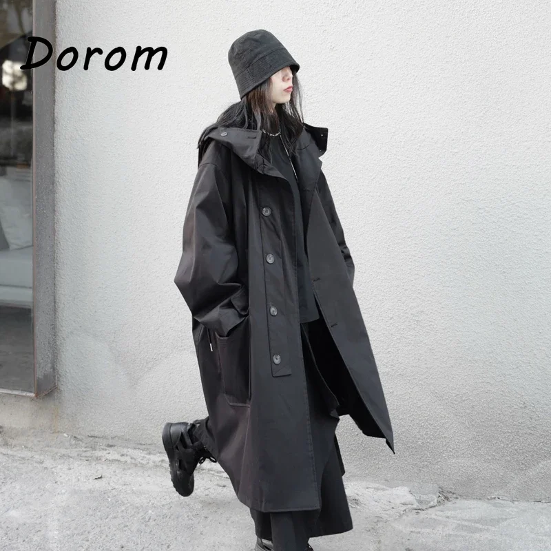 

Vintage Gothic Black Long Oversized Trench Coat Women Casual single-breasted Windproof Hooded Jacket Coat Korean Loose Overcoat