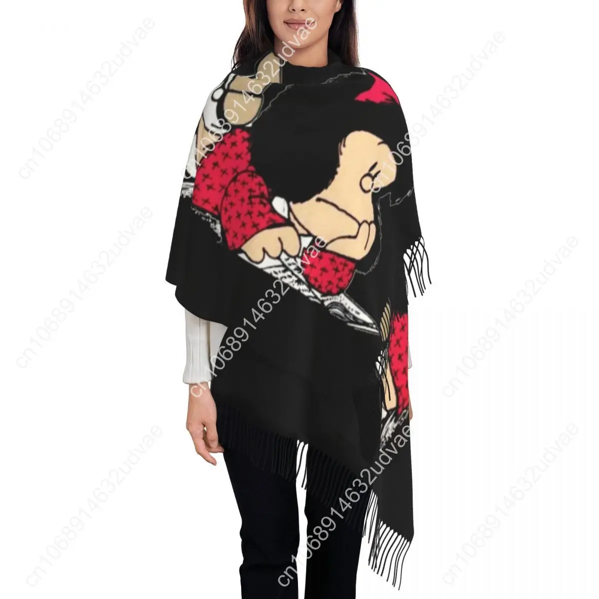 

Custom Ladies Long Cute Mafalda Scarves Women Winter Fall Soft Warm Tassel Shawl Wraps Argentine Cartoon Quino Comic Scarf