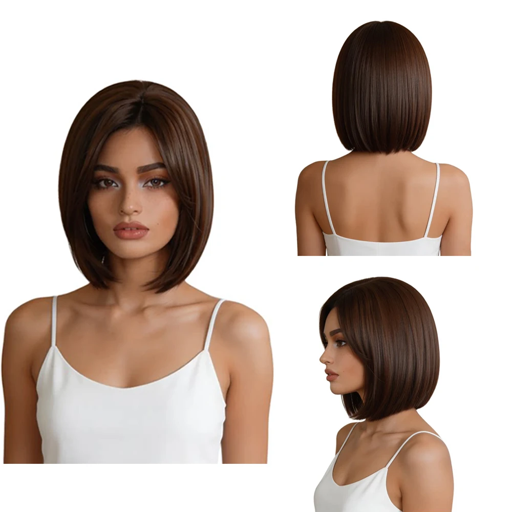 

Medium Brown Bob Wig 12 Inch Side Part Straight Heat Resistant Synthetic Natural Hairline Adjustable Cap Daily Wear Fits All