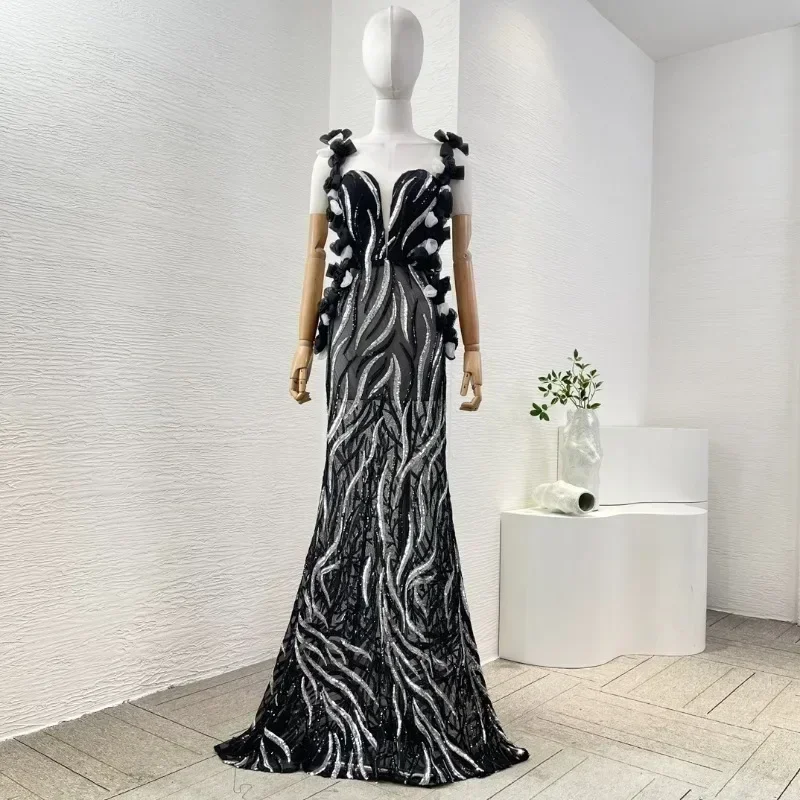 Females' Black Sequined Flowers Elegant Sexy Appliqued Arrivals Cotton High Quality Sleeveless Maxi Dresses for Party