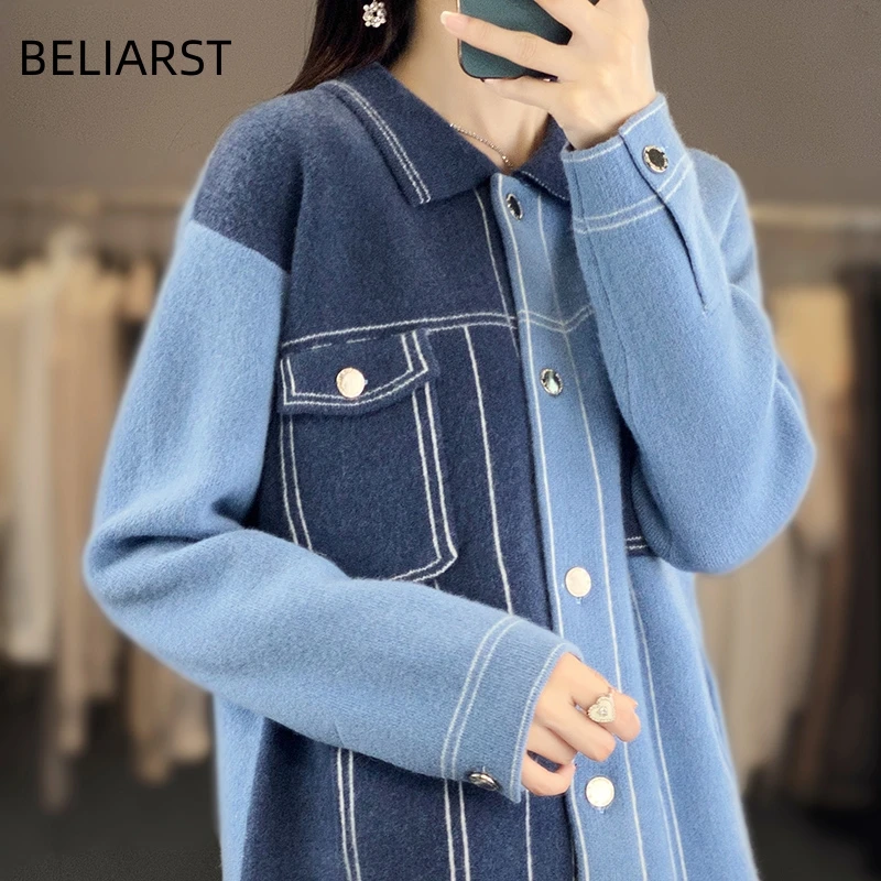 Cashmere Coat Women\'s Clothing PoLo Collar Cardigan 100% Merino Wool Knit Color-block Top Fashion Korean Luxury Jacket Shirt