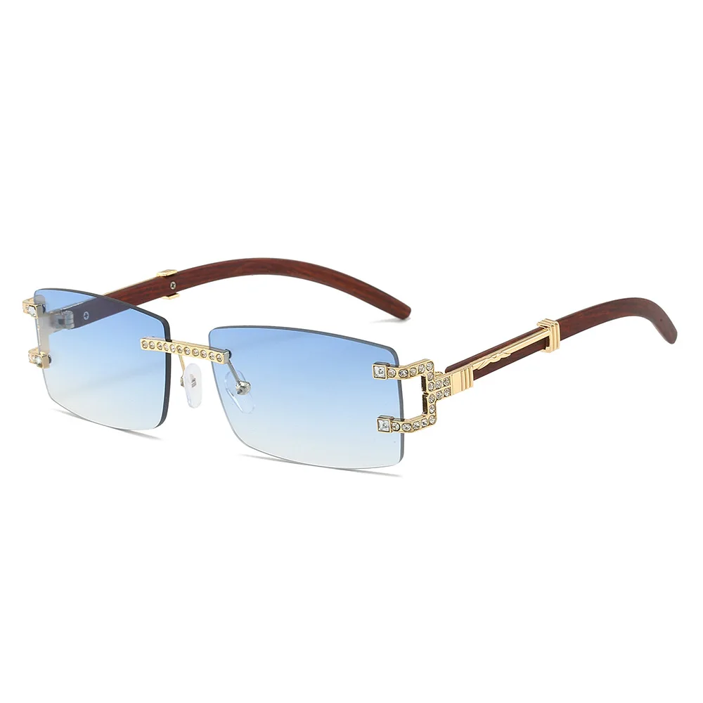 Occhiali da sole rettangolari con diamanti senza montatura piccoli occhiali da sole da donna in cristallo con venature del legno per uomo Shades Luxury Female Oculos UV400