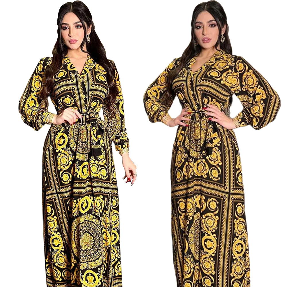 

Middle East Dubai Ethnic Muslim Women Printed Long Dress Islamic Vestidos Casual Abaya Arabic Single Breast Autumn Dress Fashion