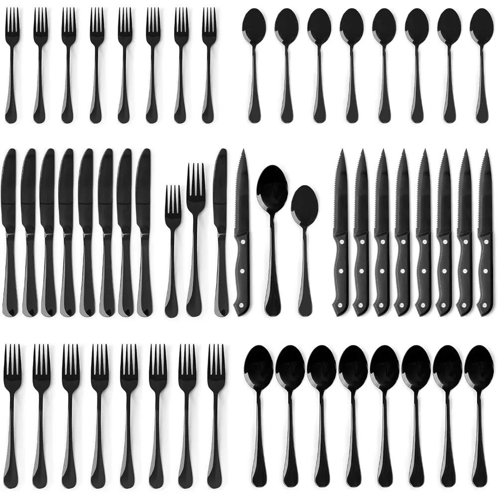 

48-Piece Black Flatware Set with Steak Knives, Food-Grade Stainless Steel Cutlery for 8, Mirror Polished Utensils