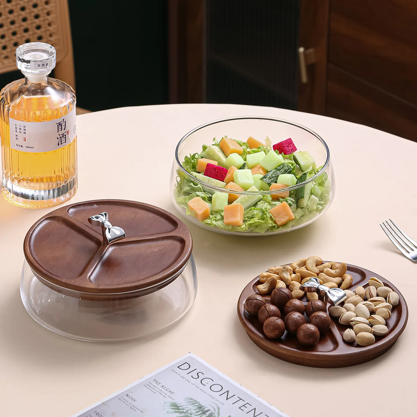 Glass Wooden High-legged Fruit Plate Nut Dry Fruit Box Living Room Coffee Table Candy Fruit Plate Snack Storage Fruit Basin