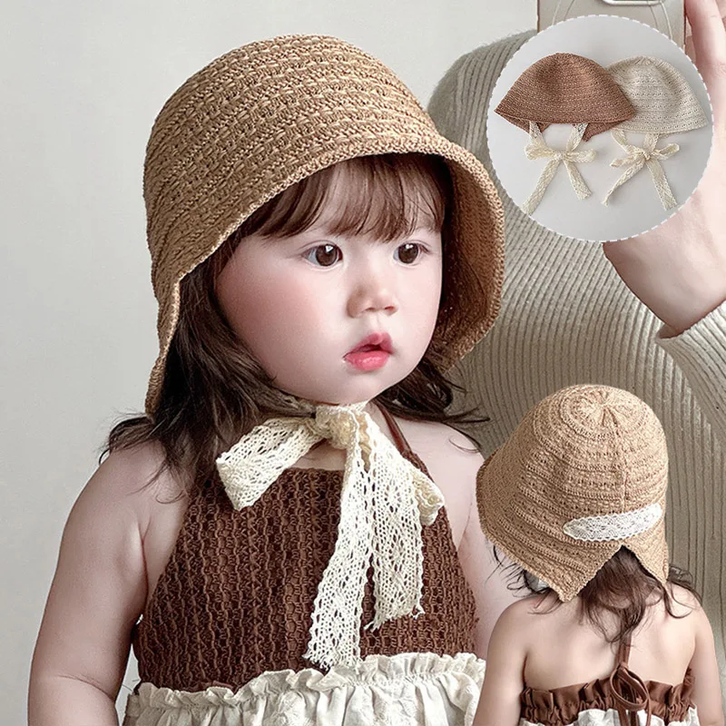 

Lace-up Baby Straw Hat Hollow Breathable Children Fisherman Hats 1-4Year Girl Summer Sun Hat Soft Grass Kids Sunscreen Basin Cap