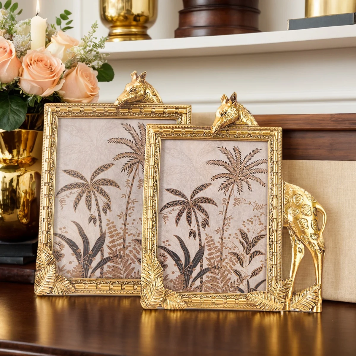 1PC, Golden Resin Material Rectangular Giraffe-Shaped Decorative Photo Frame, Resin Material Desktop Warm Photo Display Frame