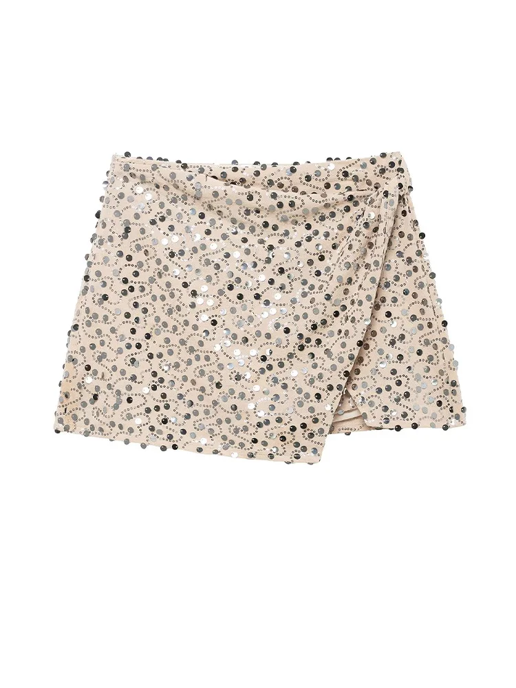 HH 2026 Trendy Women Autumn Sequined Asymmetrical Decoration Short Skirt Women Solid A-line Side Zipper Lining Slim Mini Skirts