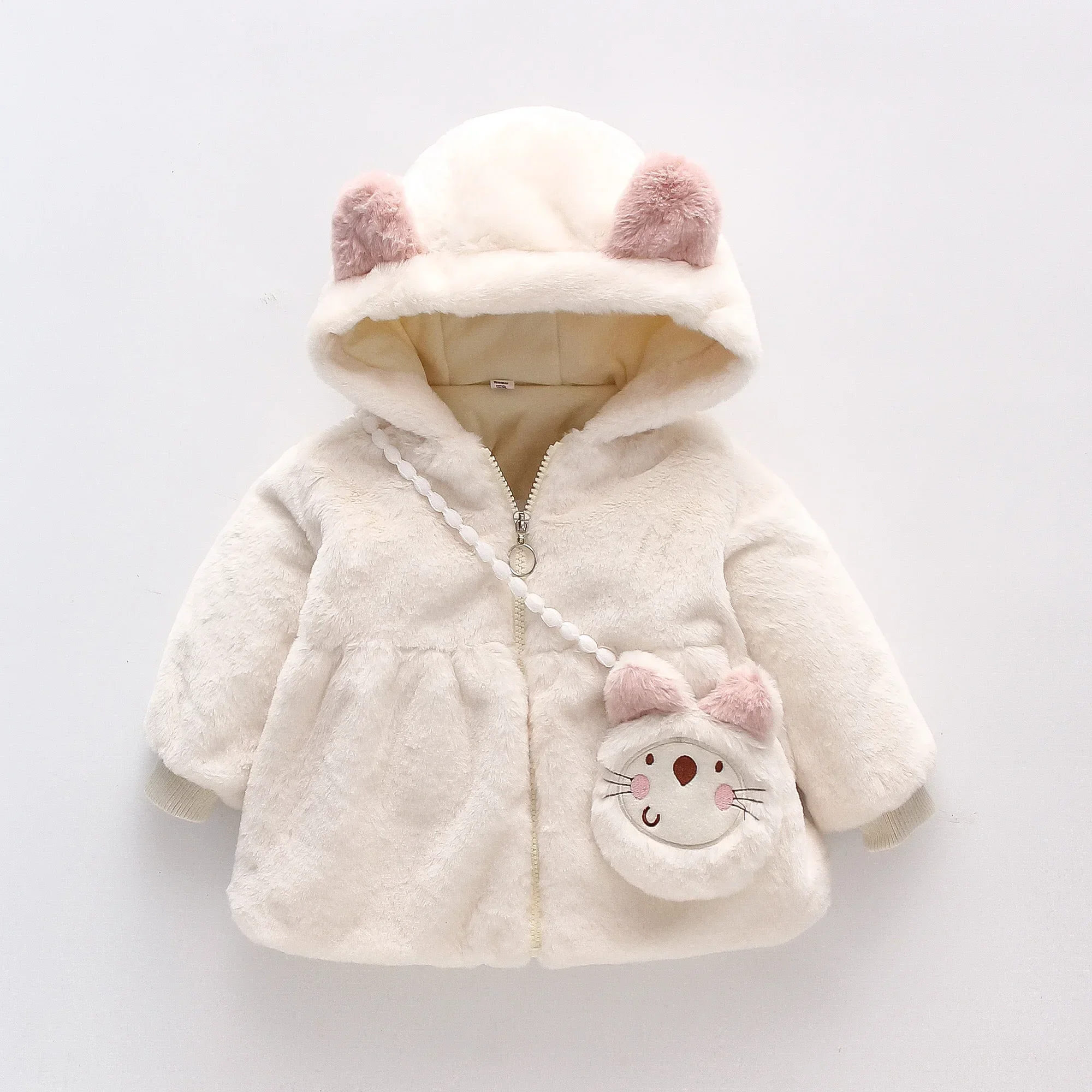 (0-3 Years Old Girls) New Winter Girl Tire Furry Bear Ears Hooded Coat Long Sleeve Warm Furry Zipper Cardigan Cute Coat