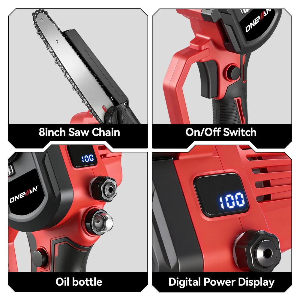 ONEVAN 4500W 8-Zoll Bürstenlose Elektrische Kettensäge Kabellose Handgeführte Baumschneide- und Schneidemaschine für Makita 18V Akku – Detail 11