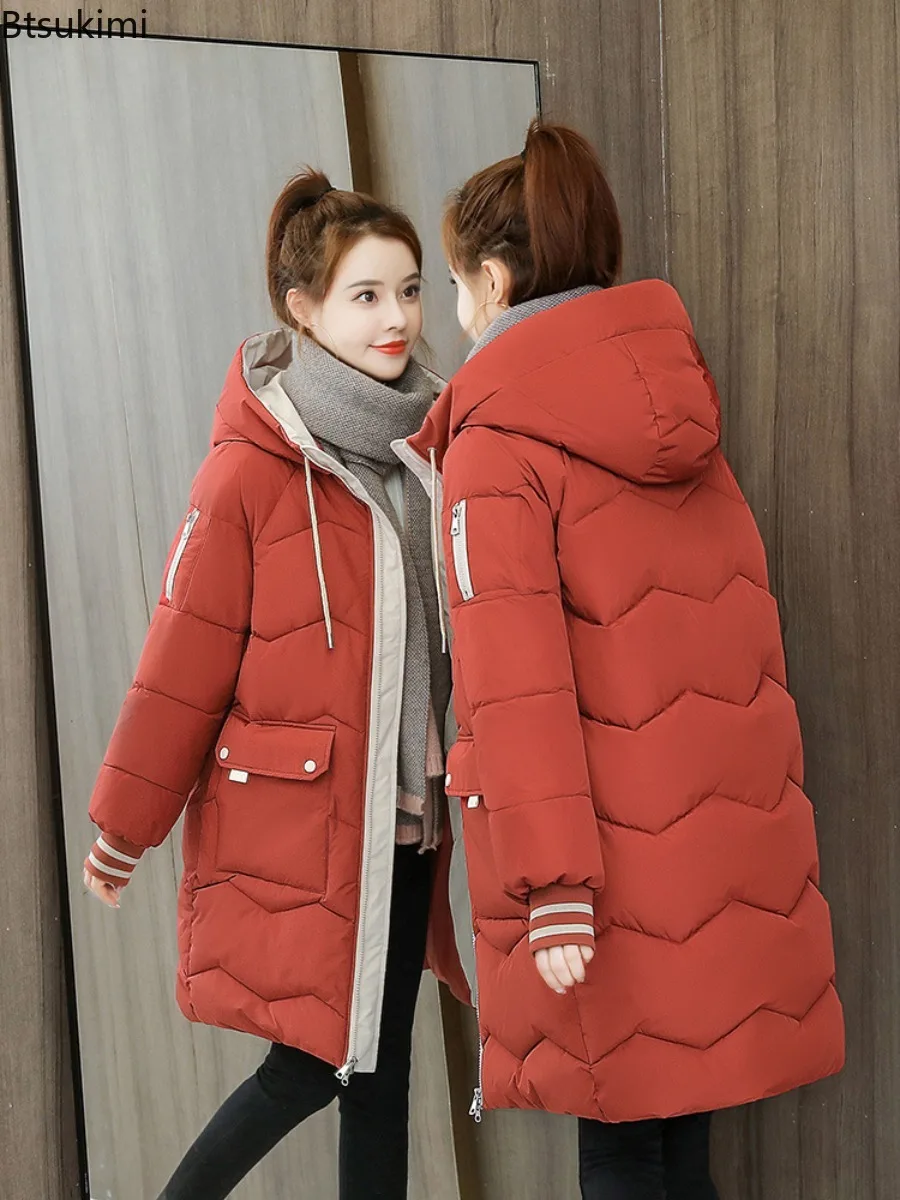 2025 Winter Women Medium Length Jacket Coats Long Parkas Female Down Cotton Hooded Overcoat Loose Casual Thick Warm Jackets