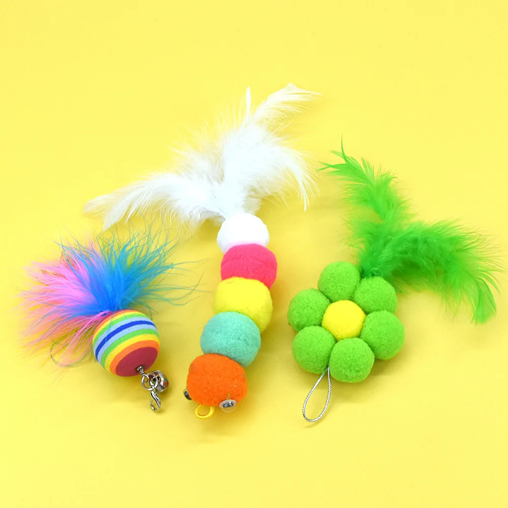 Cross-border cat teasing stick replacement head rainbow caterpillar wood teana stick cat toy funny cat bell hair ball replace...