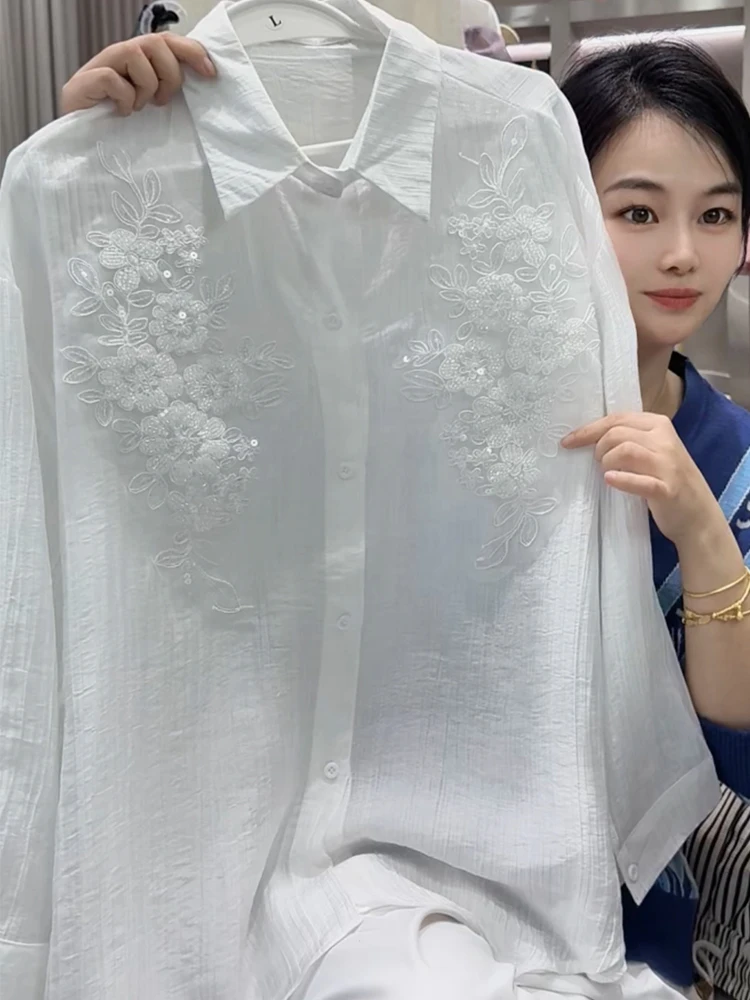 

Spring 2025 Women's plus Size Loose Long Sve irts Glitter Embroidery Heavy Embroidery Simple Sle Korean Commute Sle