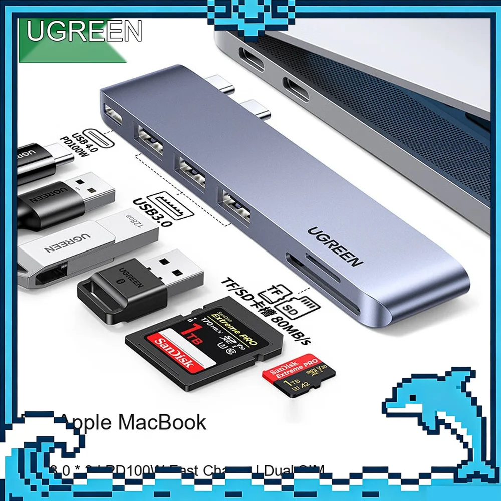 UGREEN 60560 USB C Hub 6 in 1 40Gbps with USB 3.0 SD TF Card Reader PD 100W Type C Dock for MacBook Pro Air Laptop
