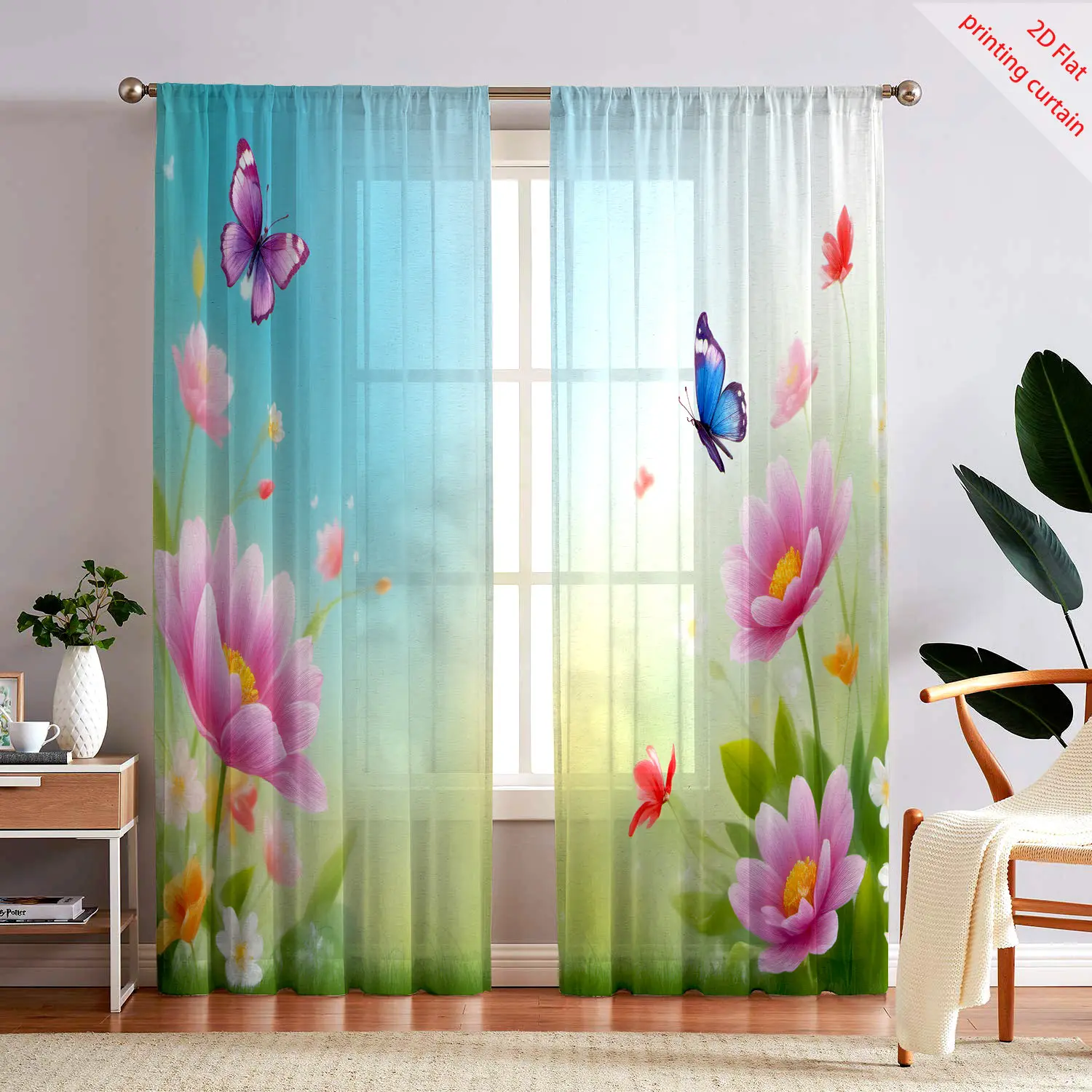 Sky floral pattern printed transparent gauze curtain, home art decoration, bedroom, living room, kitchen, balcony decoration