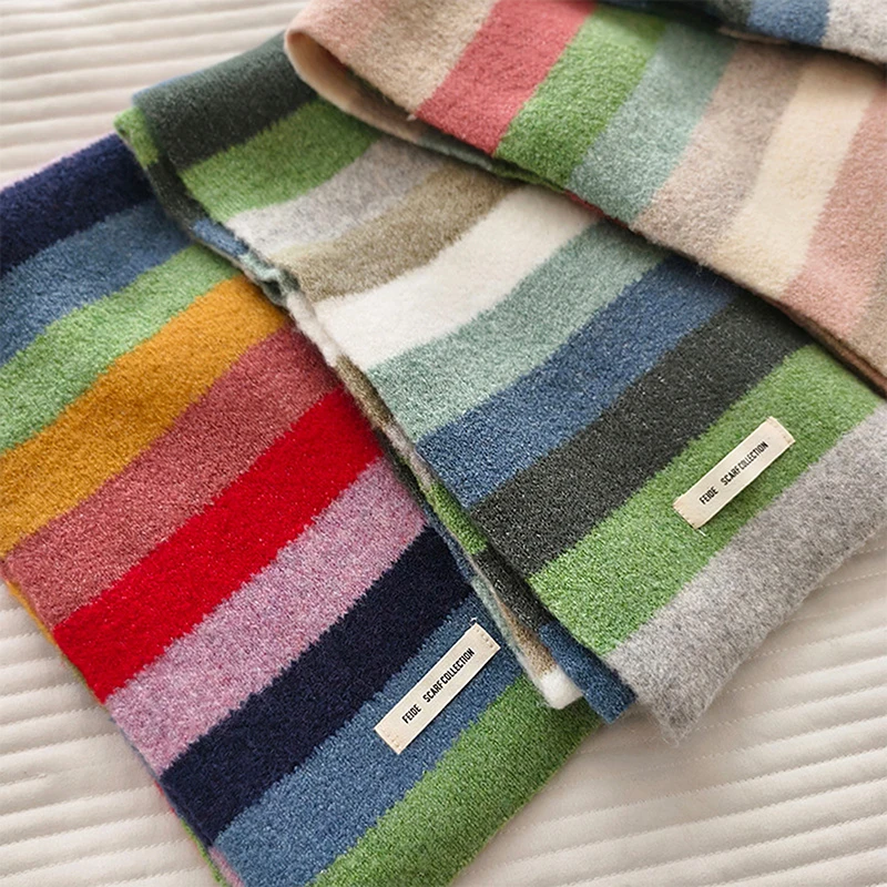 Rainbow Stripes Mohair Scarf Colour Blocking Stripes Wool Short Scarf Warm Short Scarf