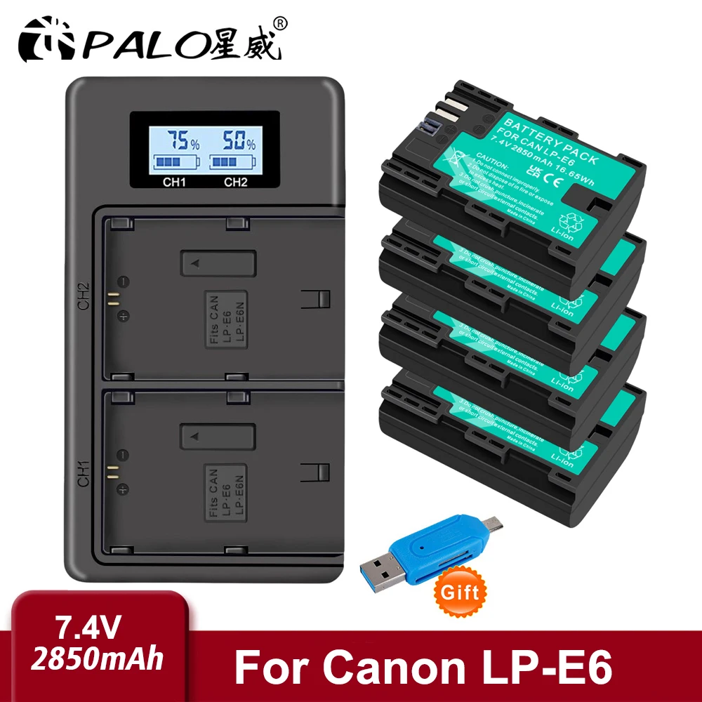 PALO 2850mAh LP E6 LPE6 LP-E6 E6N Battery + LED Dual USB Charger For Canon EOS 5DS R 5D Mark II 5D Mark III 6D 7D 70D 80D Camera