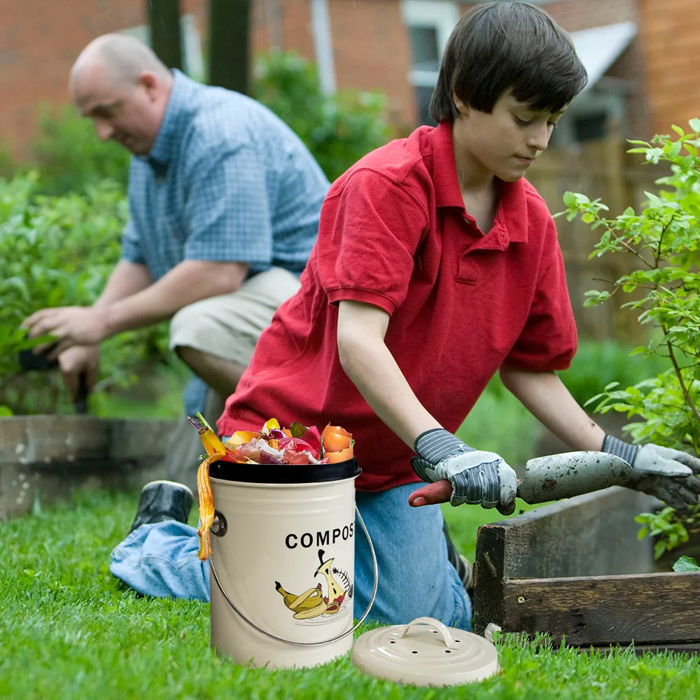 Round Garbage Can with Lid, Metal Shell, Plastic Liner, Trash Can, Household Daily Necessities for Kitchen or Garden