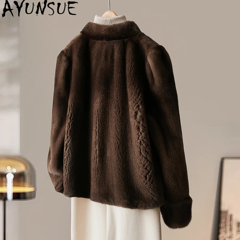 AYUNSUE Winter Natural Mink Fur Jacket Woman Long Sleeve Whole Mink Real Fur Jacket for Woman Clothing High Quality Шуба Женская