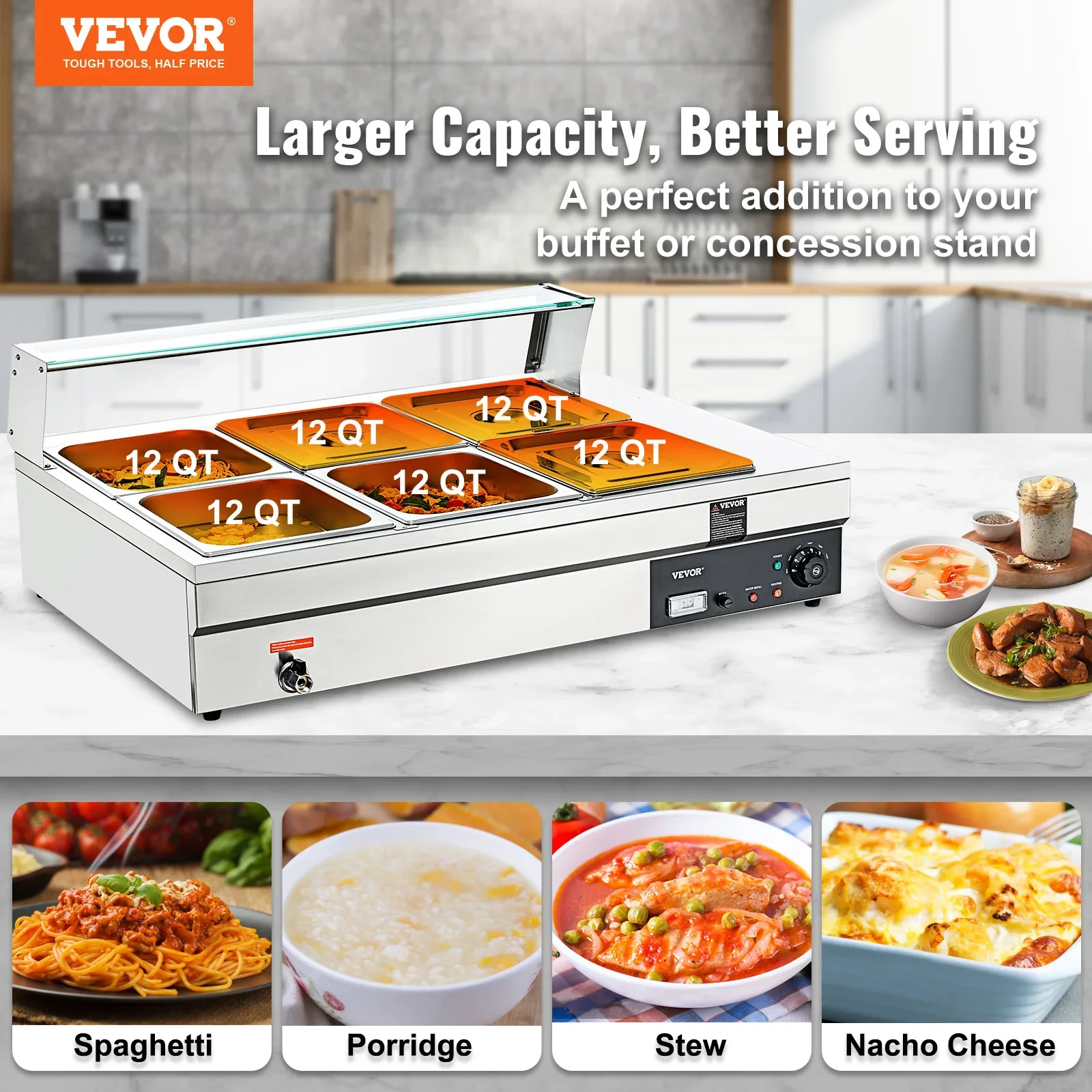 VEVOR Commercial Electric Soup Food Warmer with 3/6/10/12 Pans Stainless Steel Bain Marie Buffet Countertop for Home Restaurant