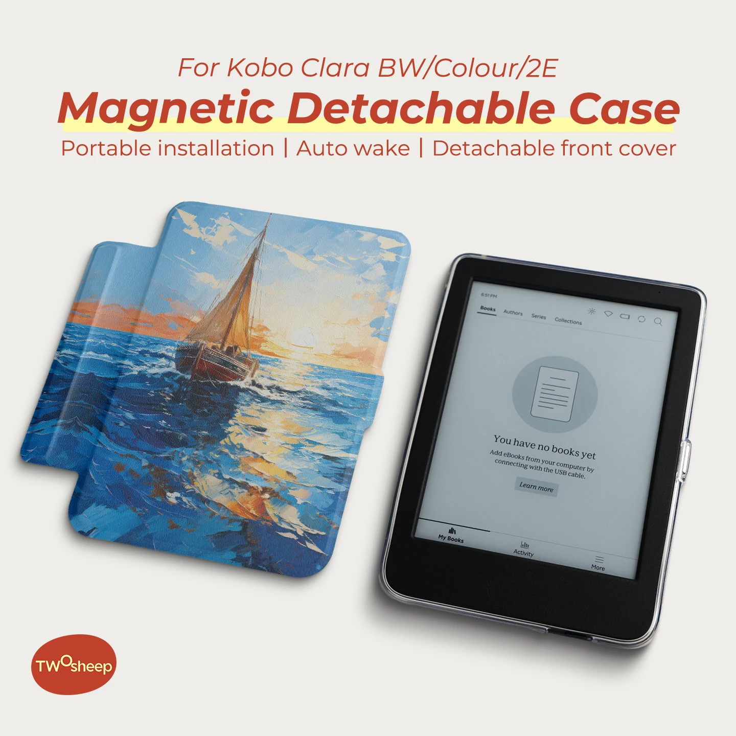Magnetic Detachable Cover for Kobo Clara BW Colour 2E 6-inch wih Auto Wake Sleep Function Illustration Style