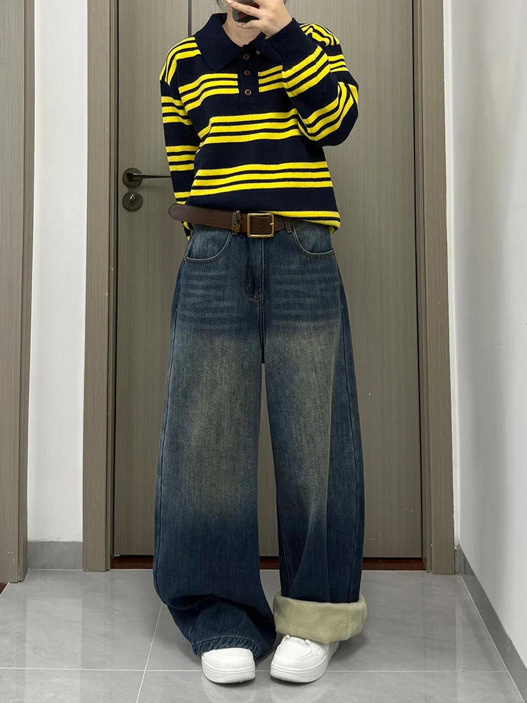 

Thiened Fce Широкие джинсы с высокой талией и поясом Зимние джинсы в стиле ретро Гонконг Sle Повседневные износостойкие рваные синие джинсы