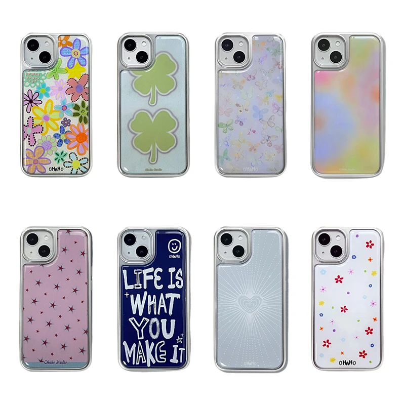 Korean Ins Colorful Flowers Pattern Electroplated Drip Glue Phone Case For iPhone Duo 18 Pro Max 17 16 15 14 13 12 11 Back Cover