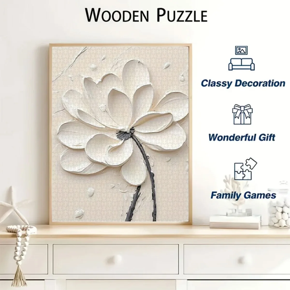 1000 قطعة من أحجية الكبار - ضربة فرشاة ثلاثية الأبعاد بيضاء لطلاء زيت اللوتس مع خلفية بيج، بتلات ذات طبقات، شفاء وقتي أنيق