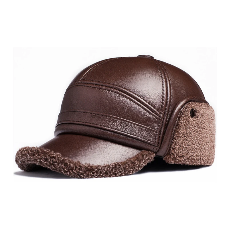 Real Cowhide Leather Faux Fur Caps Dad Warm Winter Hat For Men Velvet Flat-top Duck Tongue Ear Protection Outdoor Bomber Gorr