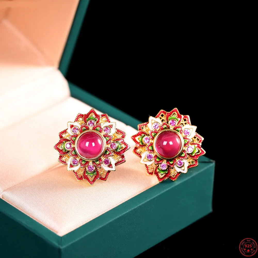 

S925 Sterling Silver Earrings 2022 New Fashion Red Corundum Enamel Flower Ear Studs Pure Argentum Jewelry for Women and Lover