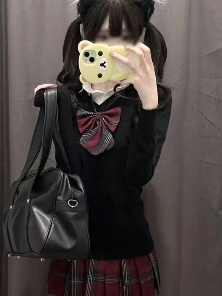 

Однотонный вязаный комплект с длинными рукавами в стиле JK, осенне-зимний, новый, модный, в стиле колледж, с клетчатой юбкой, комплект с юбкой в клетку.