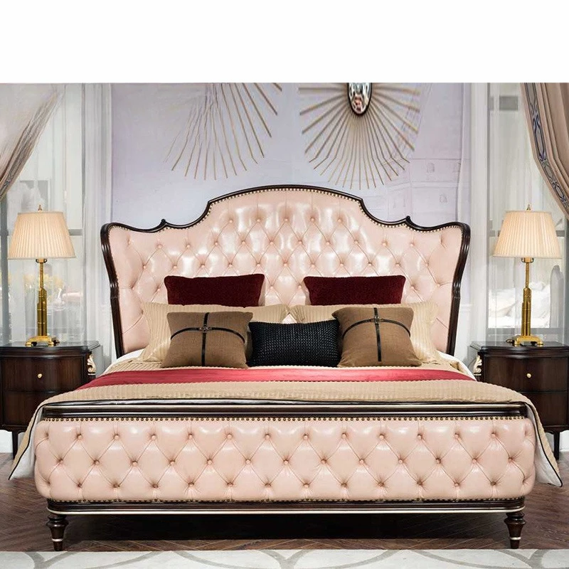 Neoclassical bedroom furniture, large and small apartment type solid wood leather master bedroom 1.8 meters double bed