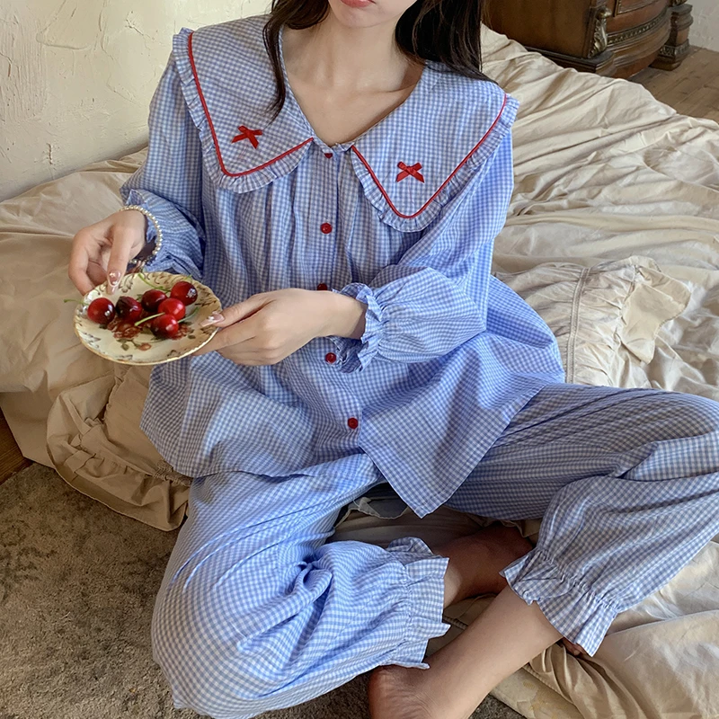 Japanese Ins Wind Sweet Plaid Pajamas Women's Summer Light Cotton Doll Collar Short-sleeved Shorts Loungewear Set
