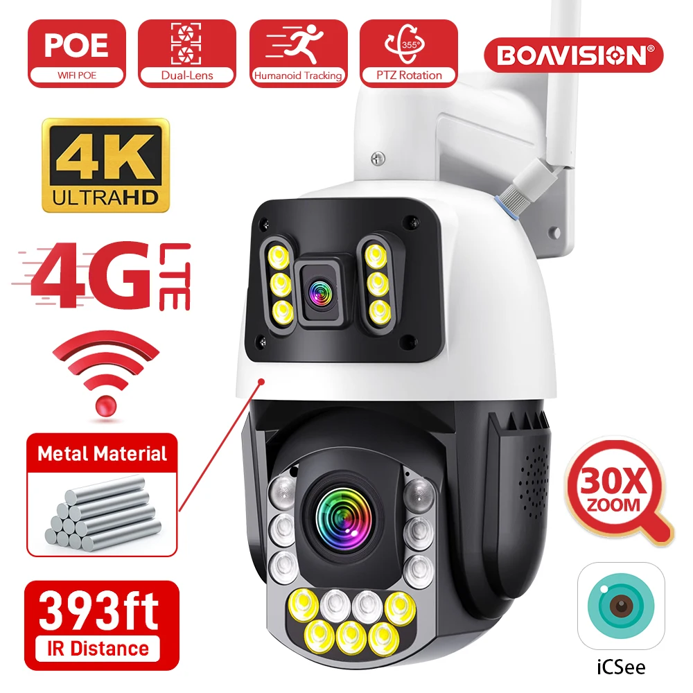 4​K 8MP WIFI 4G POE Dual Lens Dual Screen 30X ZOOM Metal Housing 393ft IR Night Vision AI Auto Tracking PTZ Security Camera