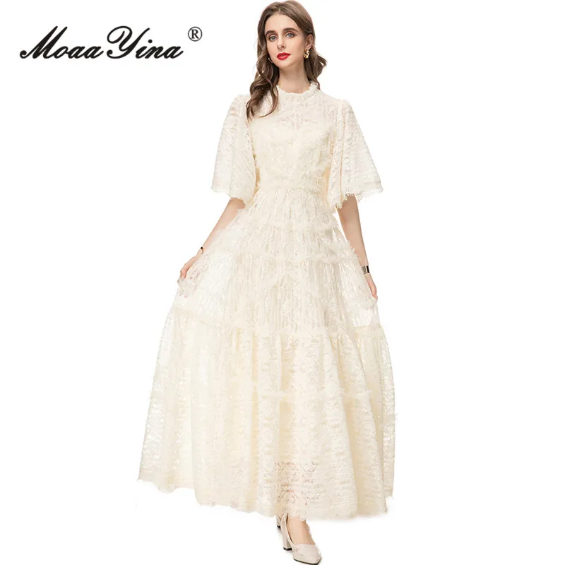 MoaaYina Spring Fashion Designer Beige Vintage Party Dress Women O Neck Half Sleeve Mesh Ruffles Lace High Waist Slim Long Dress