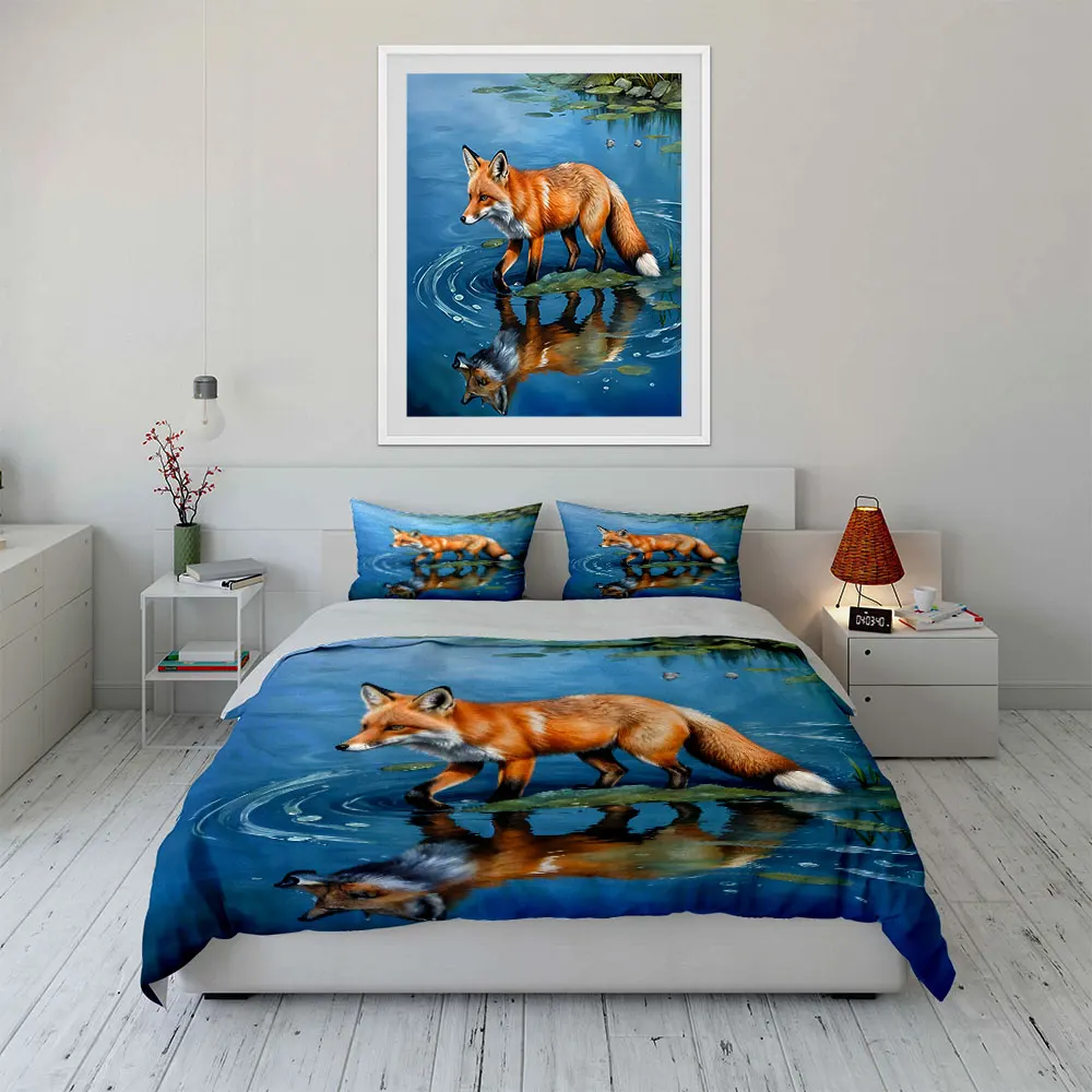 Orange fox wading by the lake Print Soft Comfortable Duvet Cover Bedding Set Included 1*Duvet Cover  2*Pillowcases Luxury gifts