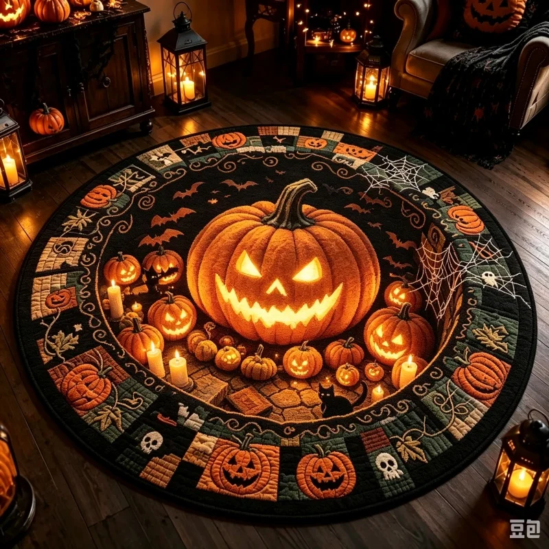 3D Illusion Pumpkin Pit Halloween Round Rug,Spooky Printed Circular Floor Carpet,Indoor Living Room Home Decor