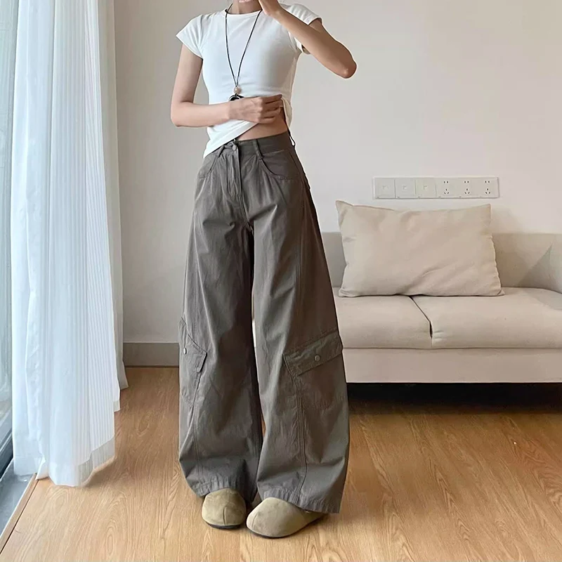 

Женские армейские зеленые широкие джинсы-карго, 2025 год, шикарные джинсовые брюки с высокой талией для девочек, новые тонкие мешковатые повседневные брюки