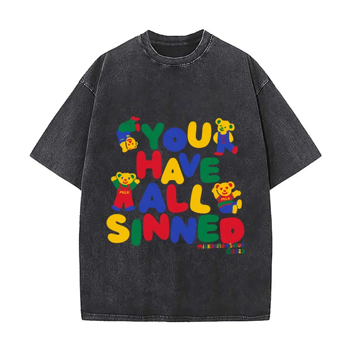 You Have All Sinned Colorful Kidcore Teddy Bear Milk 2023 Design Washed Distressed Loose Streetwear Tops for City Walks