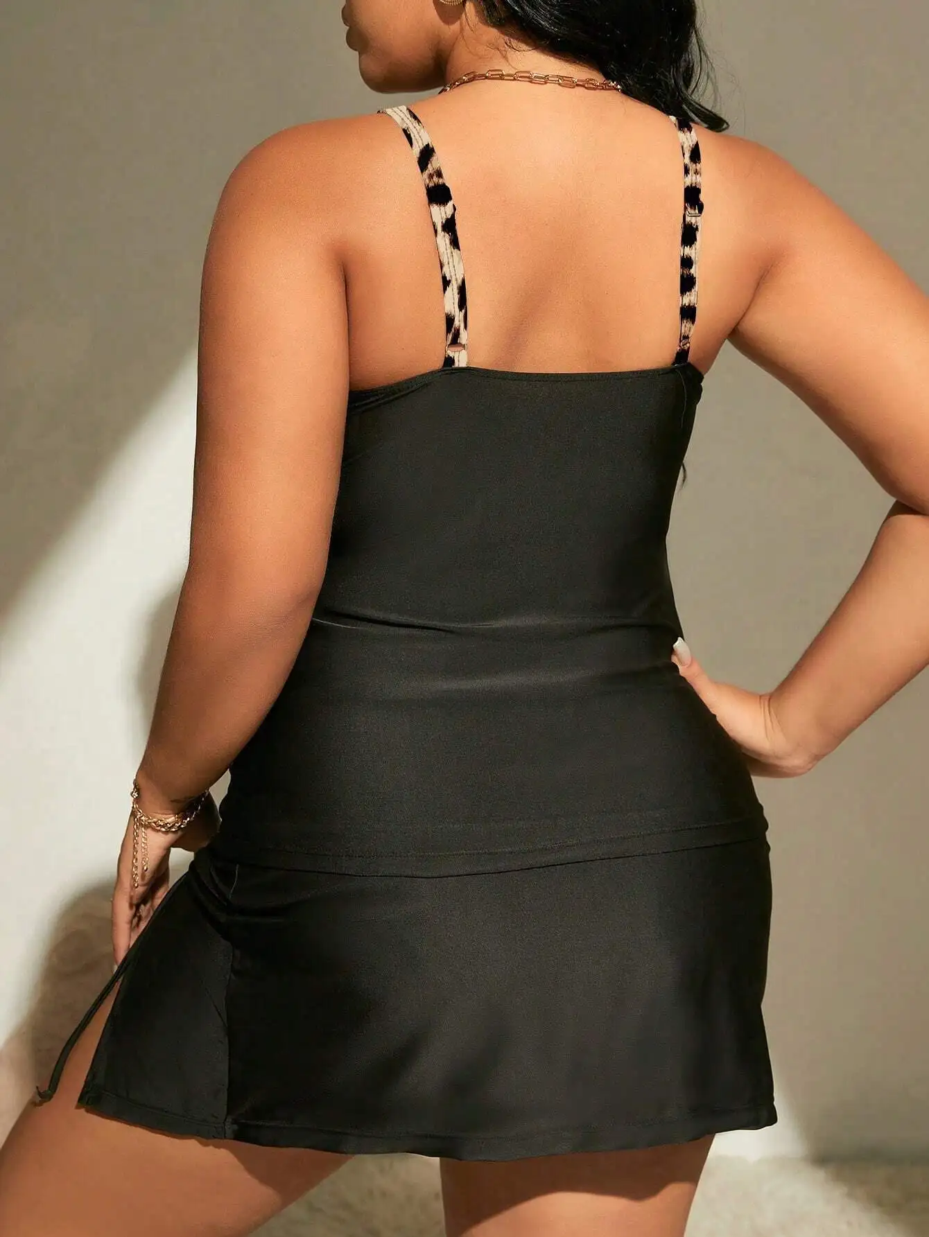 

Plus Size Women Summer Beach Leopard Print Pleated Cami Tankini Swimwear Set