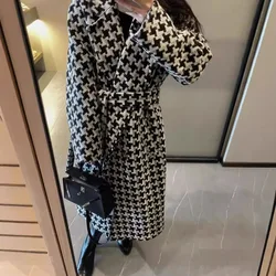 2024 Fall Winter Houndstooth Belted Cashmere Long Coat for Women 10% Cashmere & 90% Wool Female Mid-length Woolen Coat Jackets