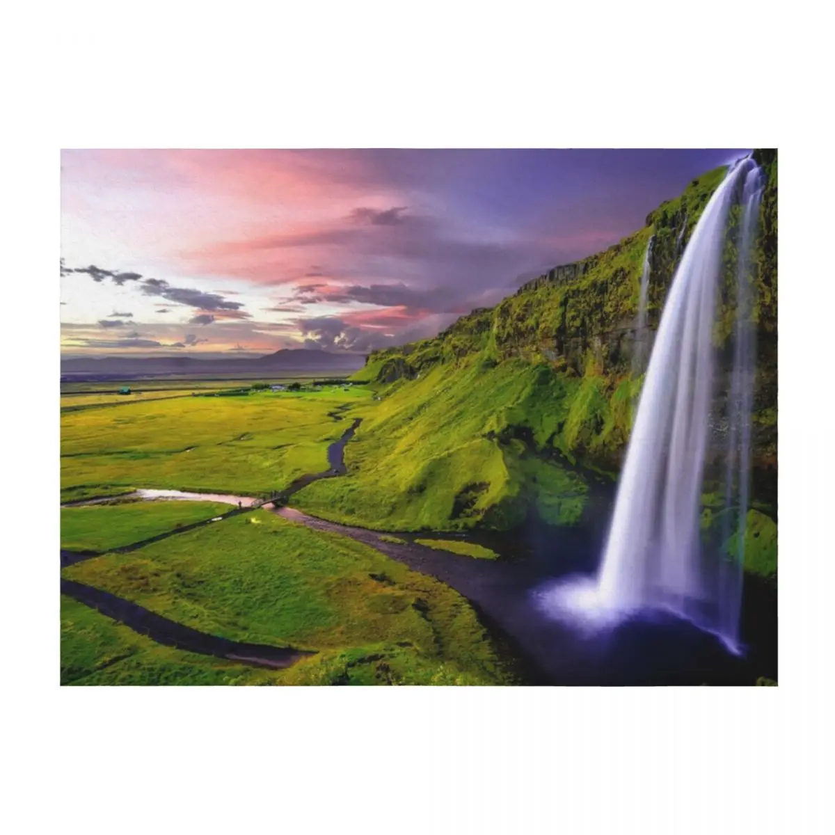 

Iceland Seljalandsfoss waterfall and surrounding green cliff landscape nature color photograph Throw Blanket