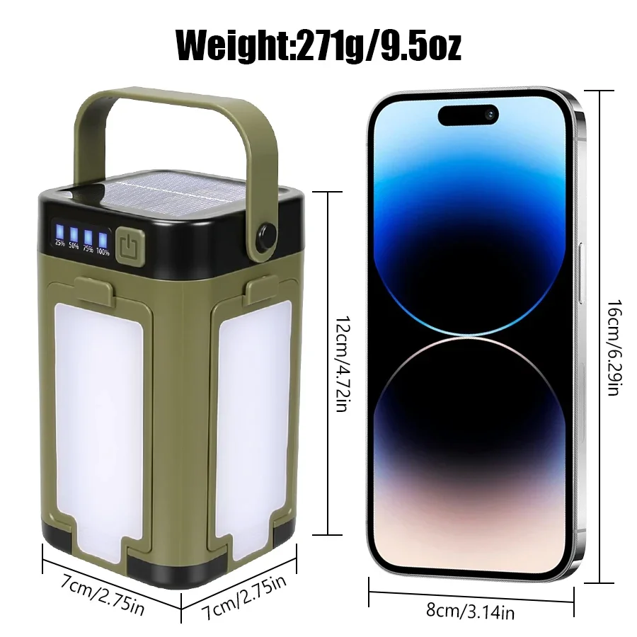 Outdoor Solar Light Type-C Rechargeable Flashlight Portable Power Bank Lamp LED Hanging Tent Light for Camping Hiking Fishing