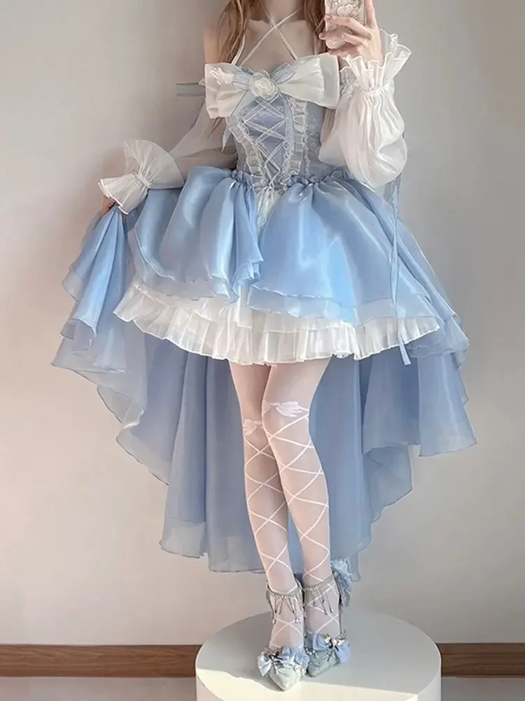 French Romantic Style Lolita Op Dress Elegant Girl Cosplay Princess Puff Sleeve Ribbon Bownot Flower Mesh Fantastic Fairy Dress