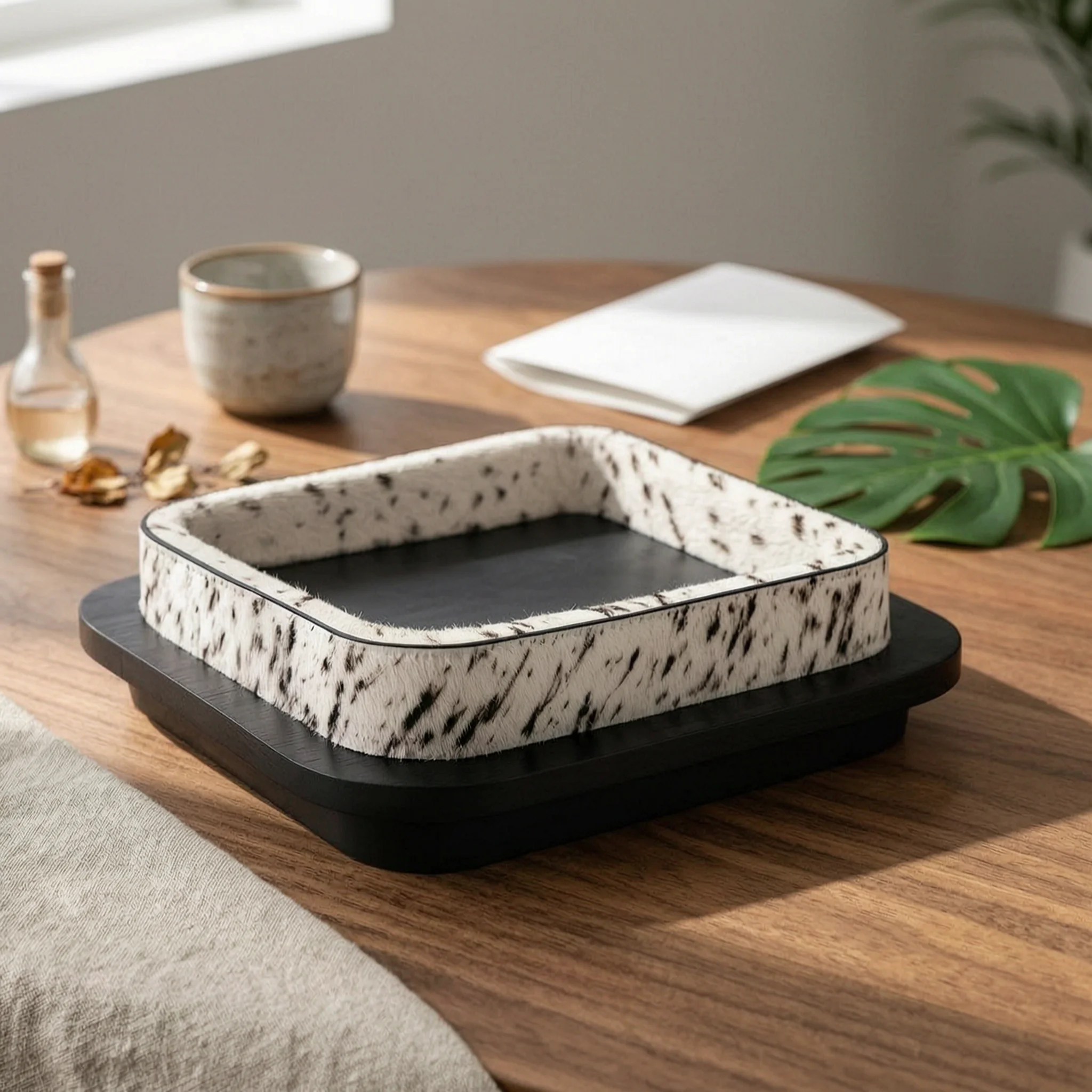 Wooden Tray with Horsehair Handmade Speckled Tray Rustic Retro for Coffee Table, Living Room