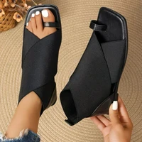 Women Square Toe Gladiator Sandals Elastic Strap Wrap Around Ankle Flat Sandals Toe Loop Summer Beach Comfortable Walking Shoes - Image 6