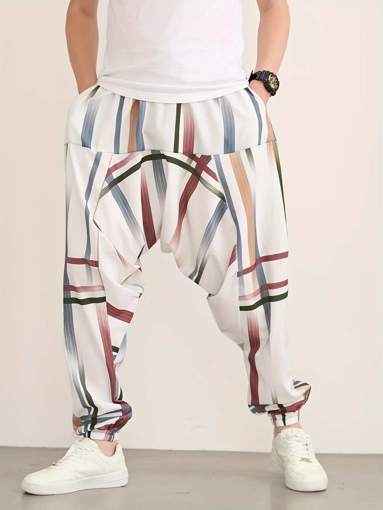 سراويل رجالية غير قابلة للتمدد لجميع المواسم - سراويل فضفاضة مع خصر برباط، سراويل يومية رسمية غير رسمية بألوان محايدة (B)